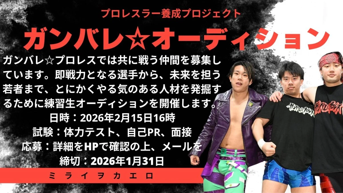 ニュース「プロレスラー養成プロジェクト『ガンプロ☆オーディション』のお知らせ」